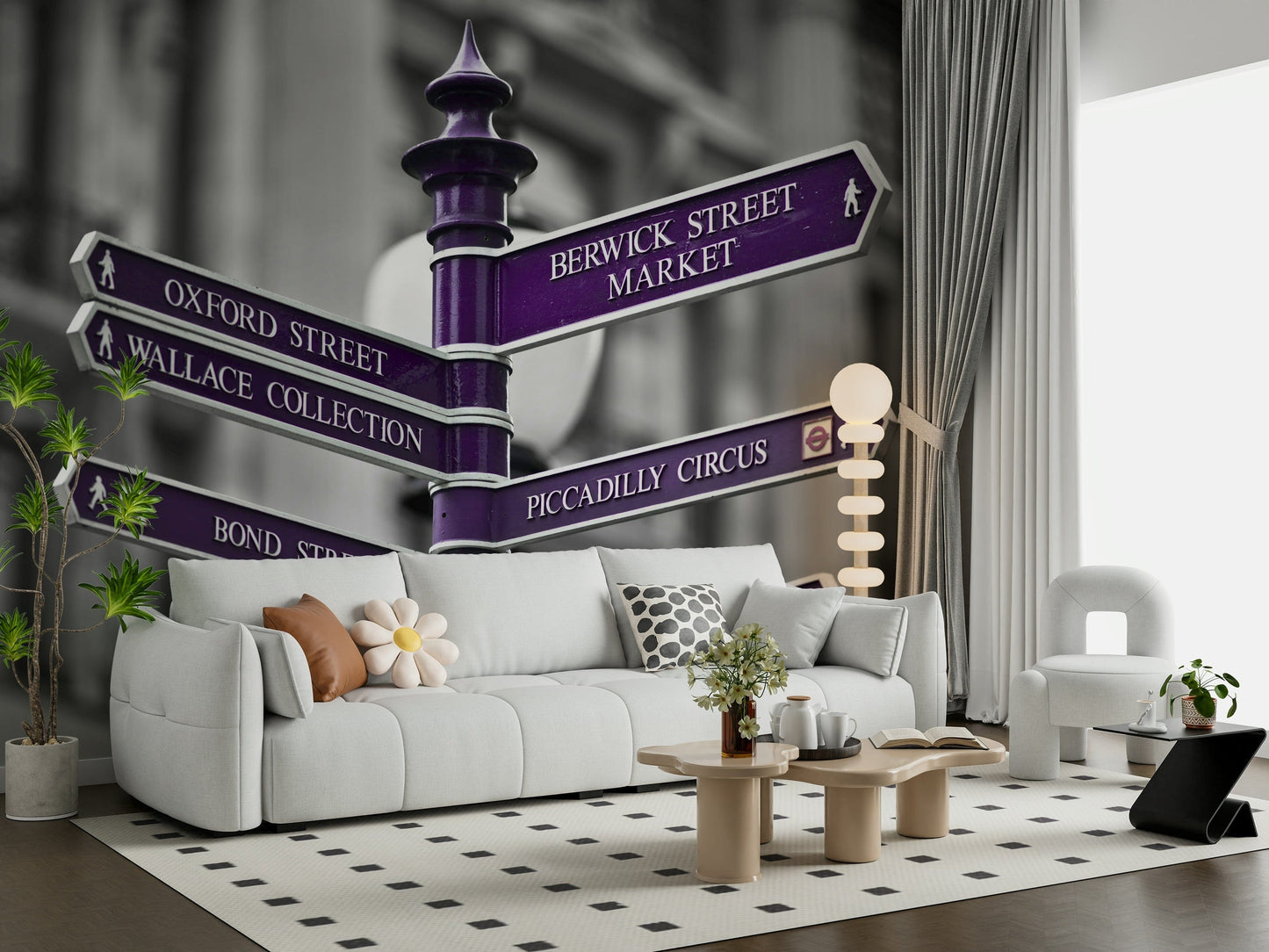 The wallpaper captures a classic Oxford Circus wayfinding pole contrasted beautifully with a grey-toned city scene.