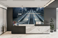 A high-angle view of the wall mural in a large space.

