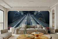 A minimalist home office with the subway wallpaper.

