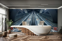 A bedroom with the urban mural behind the headboard.

