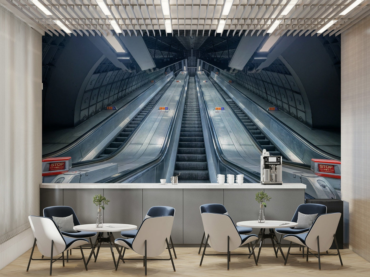 A close-up of the detailed texture in the subway station design.

