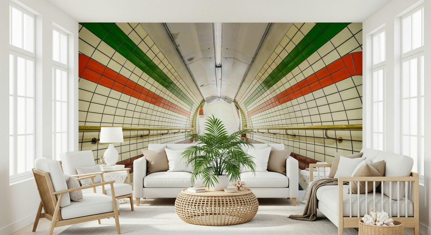 A tunnel-style wallpaper featuring symmetrical subway tiles and bold color bands along a stairway.