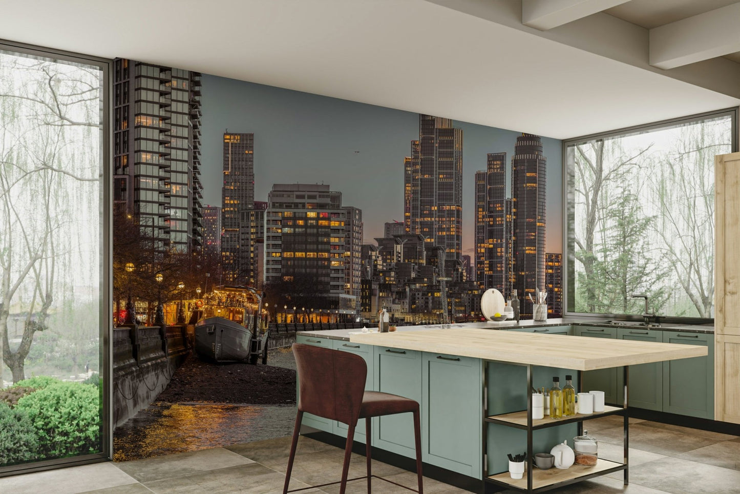 Features a panoramic view of the London skyline at twilight or dusk.
