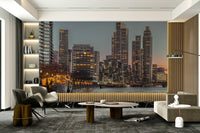 The mural covers a significant wall area, creating an immersive cityscape view.
