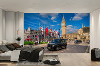 The wall art combines historical architecture with a modern city.

