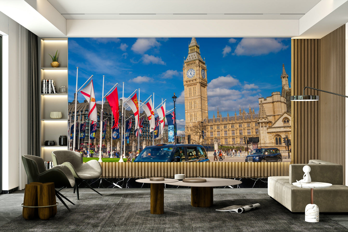 The mural shows a panoramic view of Big Ben and the Thames River.

