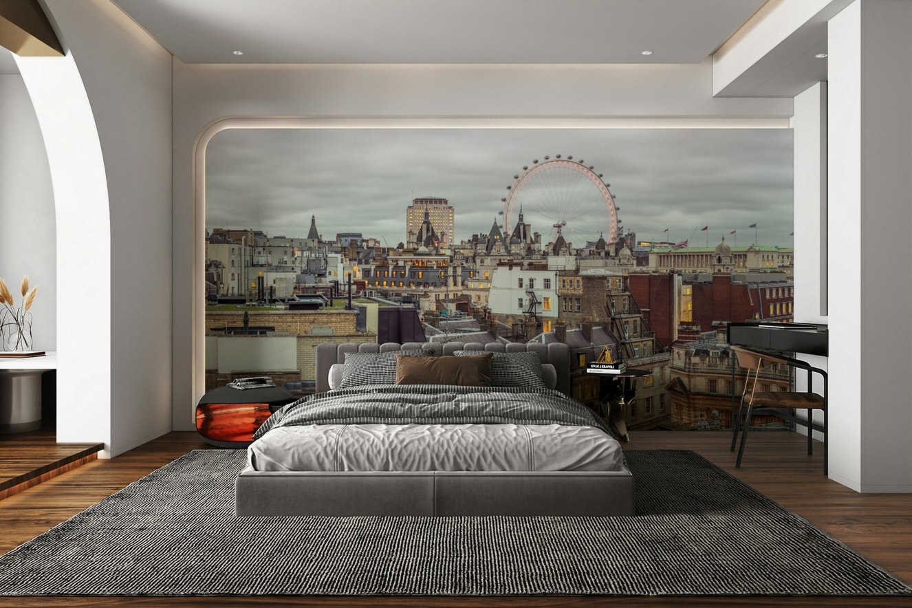A wall mural featuring a panoramic view of the London skyline.


