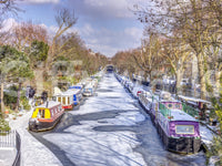 Winter London river mural in reading nook, modern wall decor in blue tones