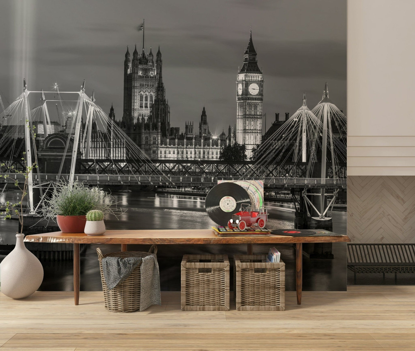 London city mural for reading nook, black and white design, modern apartment decor