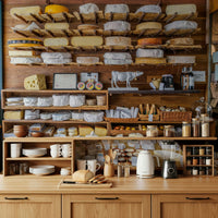 Vintage cheese counter wall decor mural in apartment kitchen, neutral wood and cream color