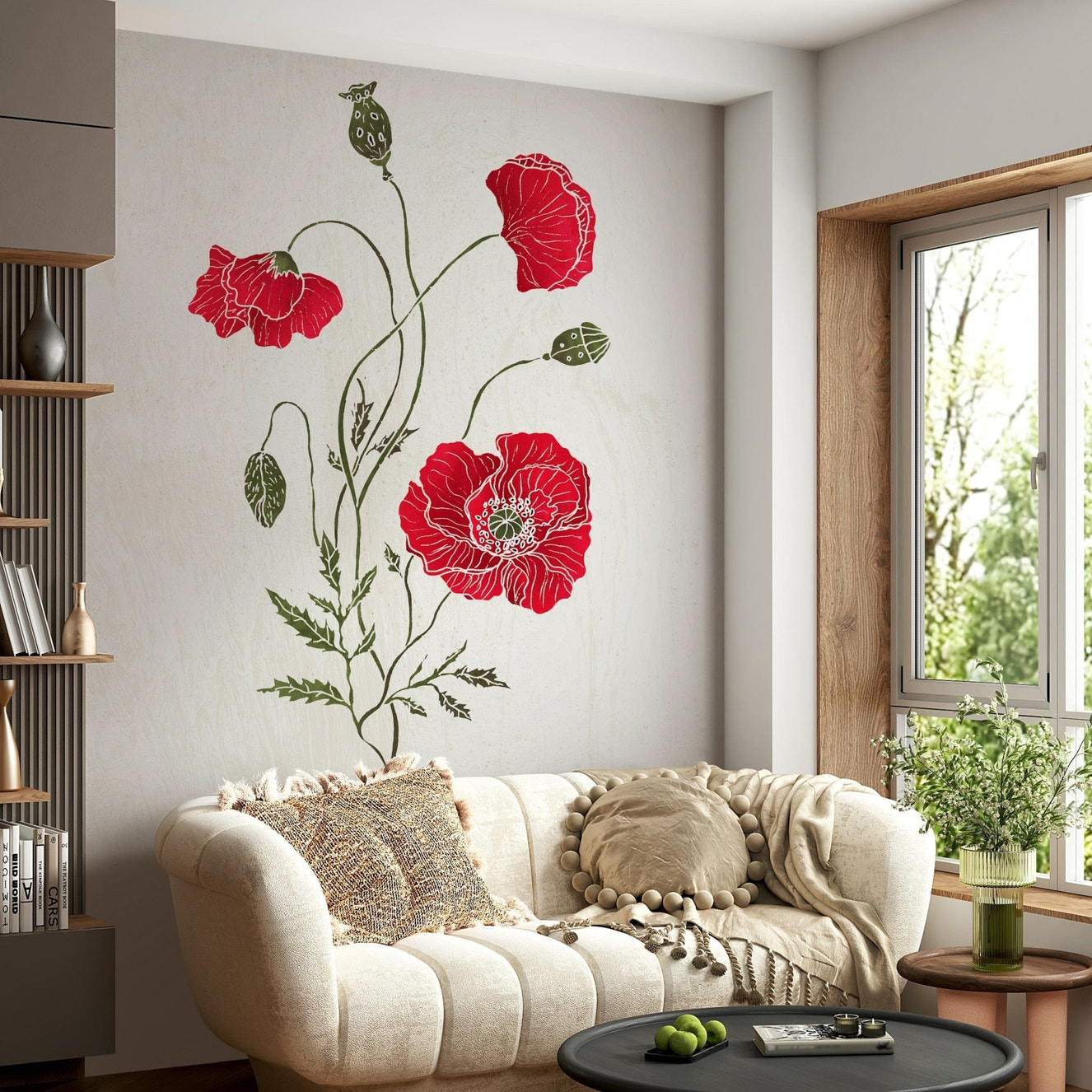 Watercolor style Lonely Red Poppy blooms, decorative floral wall mural.