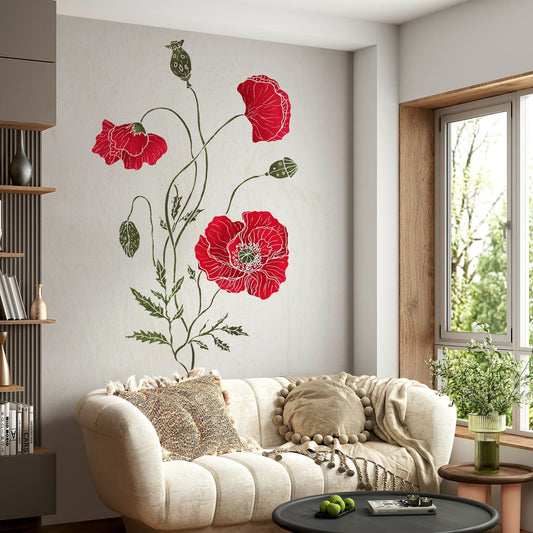 Watercolor style Lonely Red Poppy blooms, decorative floral wall mural.