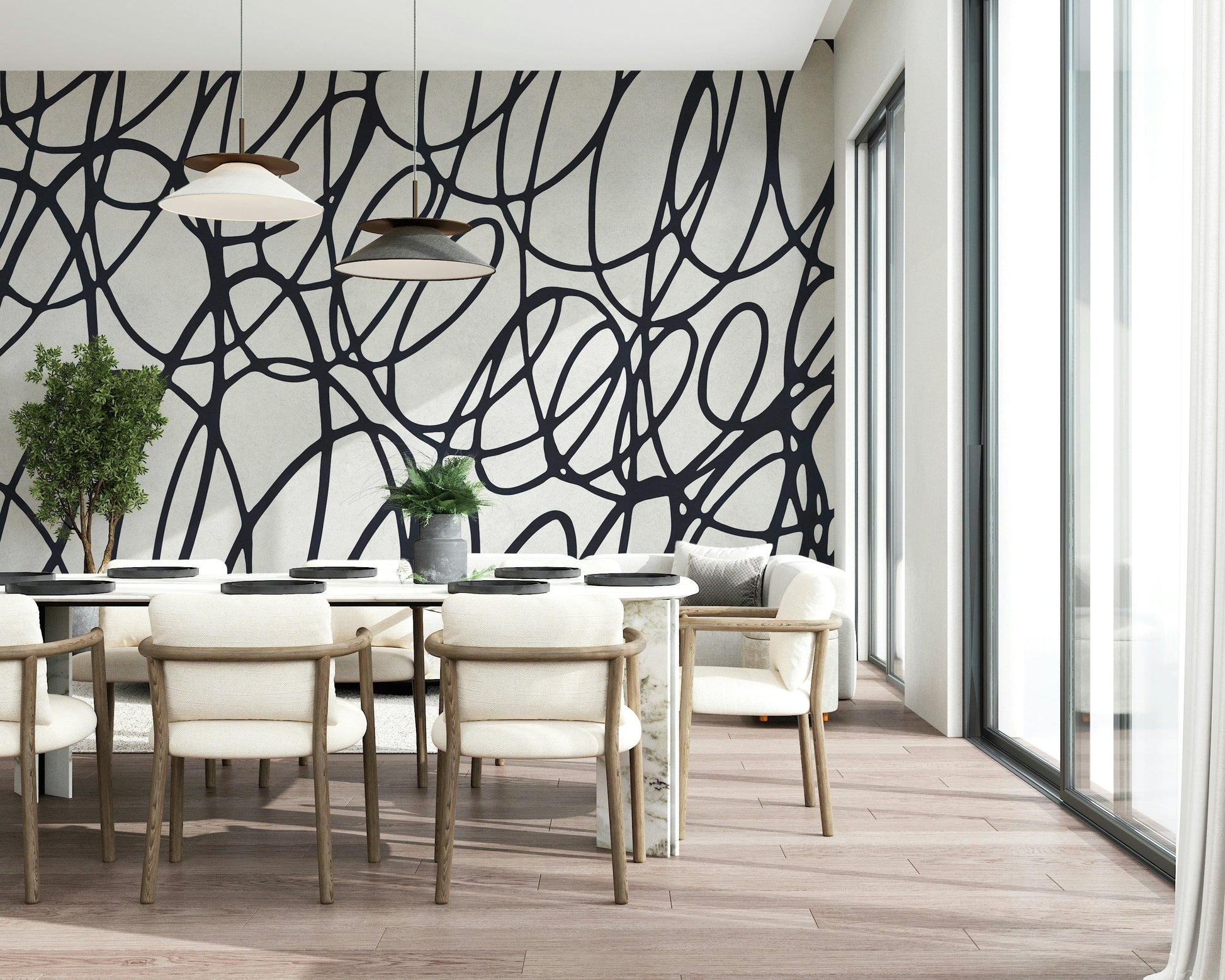 Wiggly black Loop Lines wall mural. Swirling graphic print for home décor. Awesome wallpaper.