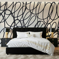 Loop Lines abstract mural design. Bold black scribble wallpaper art. Dynamic wall covering.