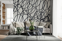 Loop Lines bold black white wall mural. Repetitive oval shapes. 