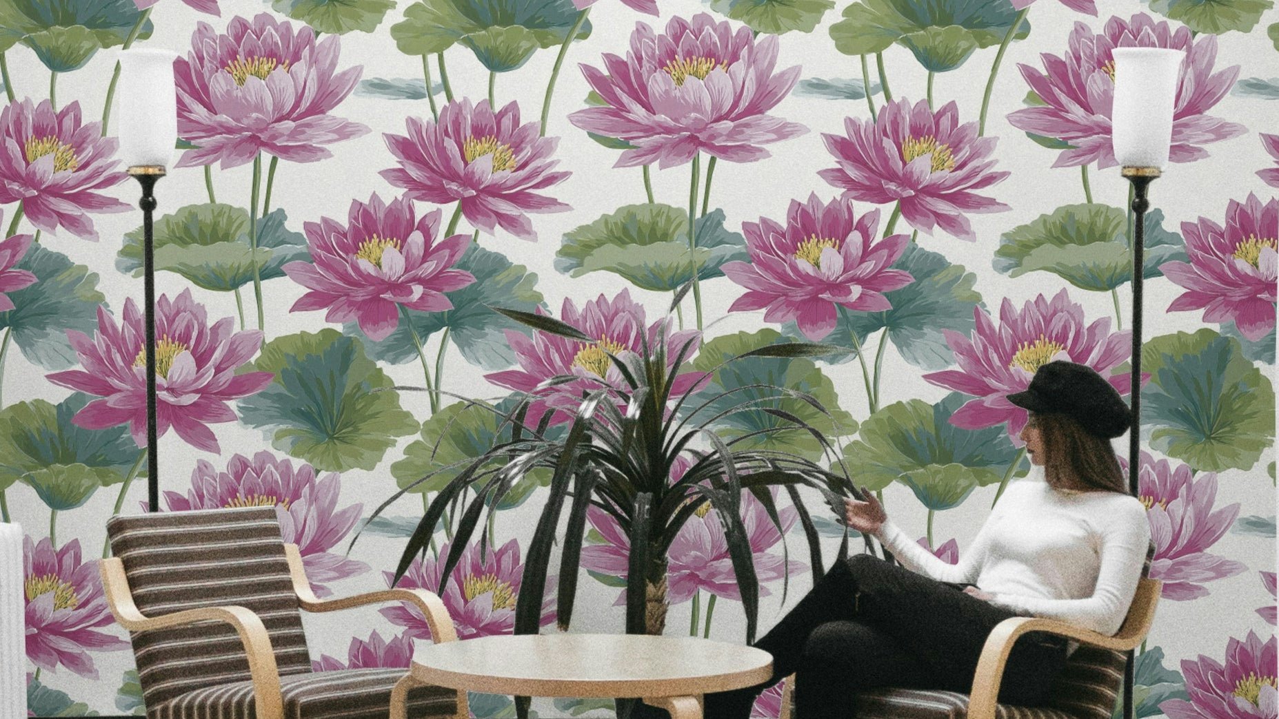 The design features various lotus blossoms in different stages of bloom.

