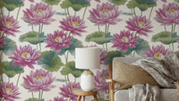 A repeating floral wall mural pattern of blooming lotus flowers.

