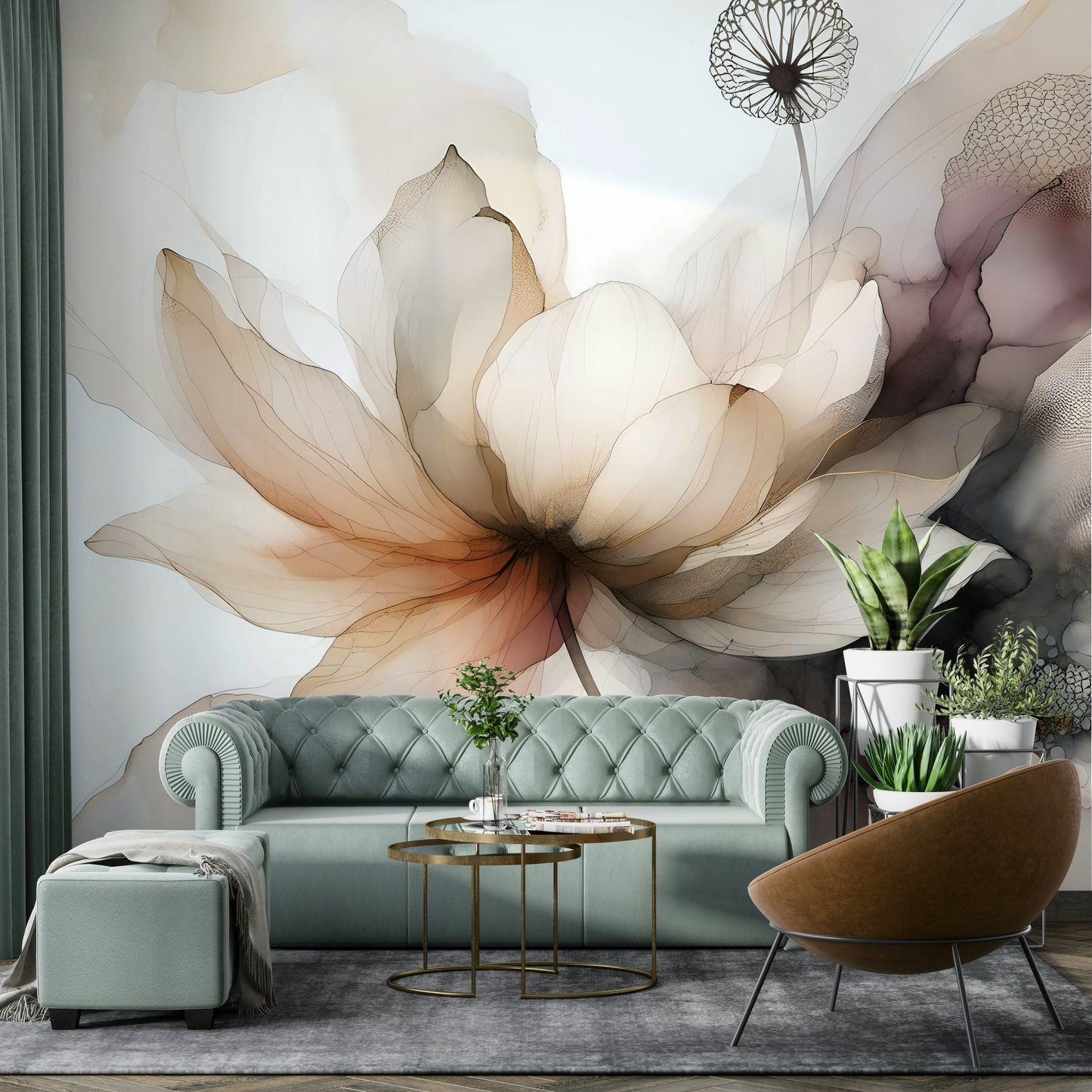 Contemporary dining room featuring a floral Lotus Botanica Dream Wall Mural.