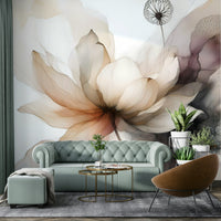 Contemporary dining room featuring a floral Lotus Botanica Dream Wall Mural.