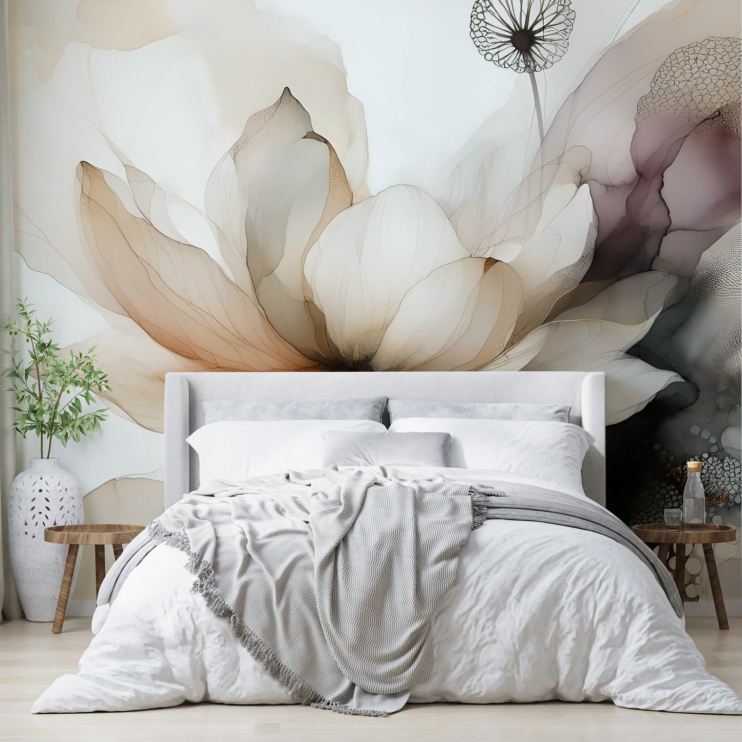 White lotus blossoms on a clean background for a large feature wall.