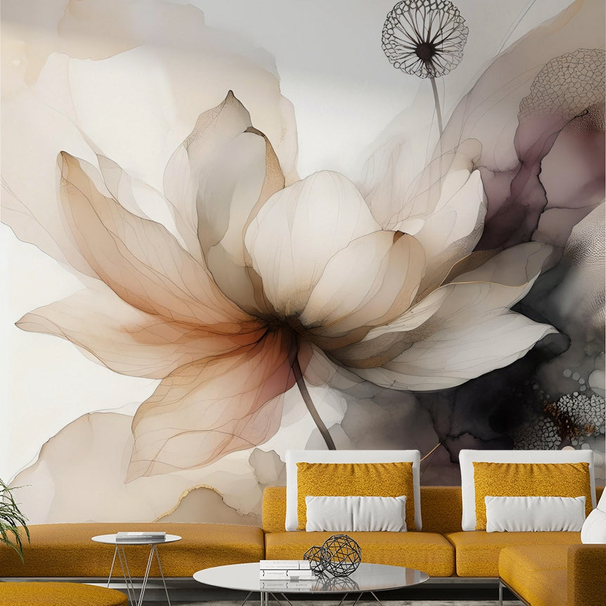 Large lotus flower wallpaper in a soft color palette for a master bedroom.