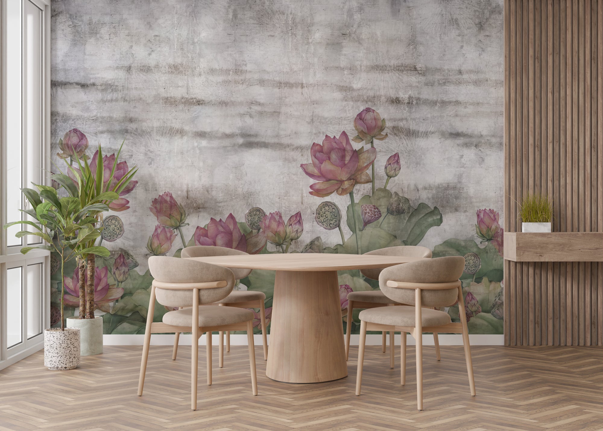 Lotus Elegance wallpaper mural with pink lotus flowers on a grey wall behind a stone kitchen counter
