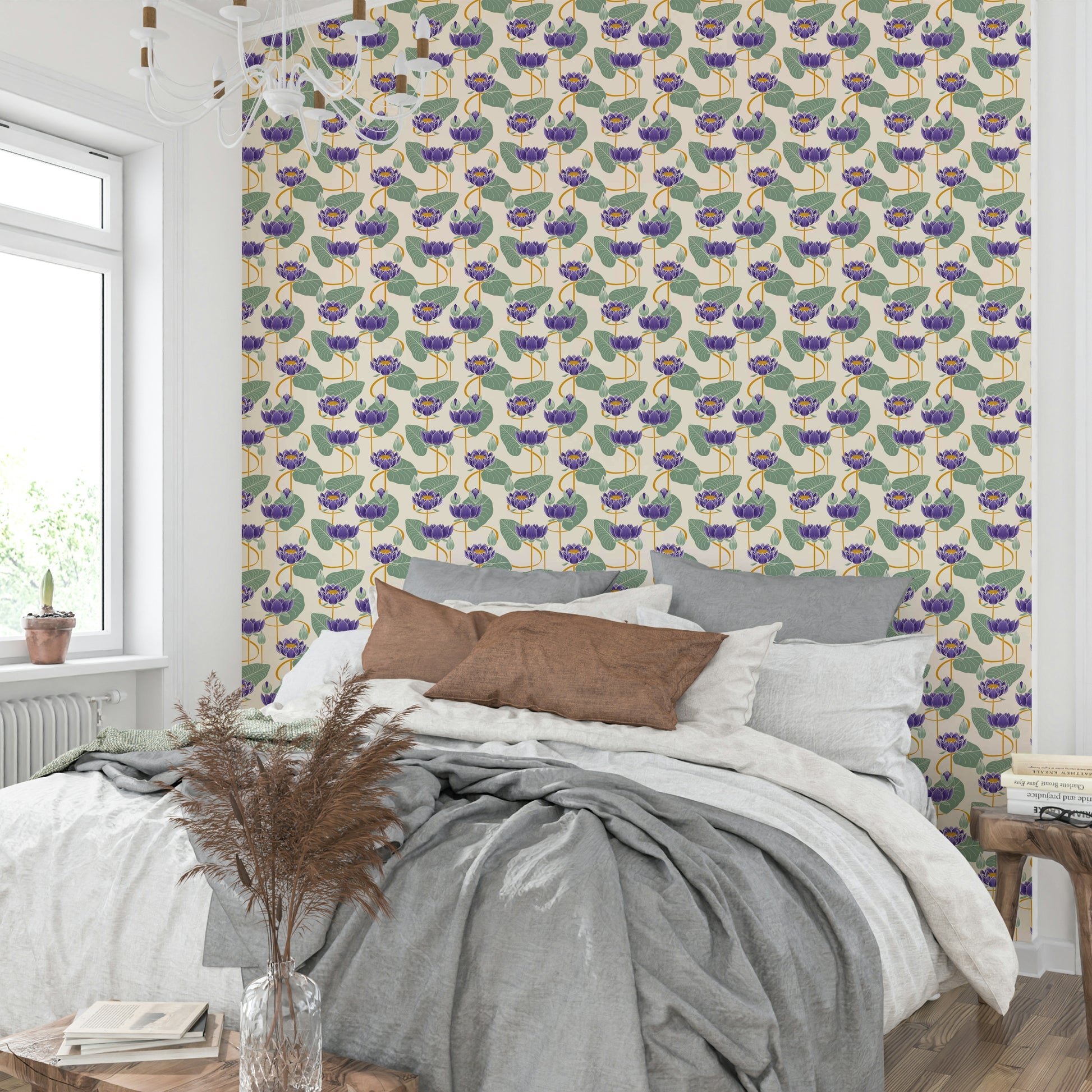 Peel and stick wallpaper with dreamy lotus blooms

