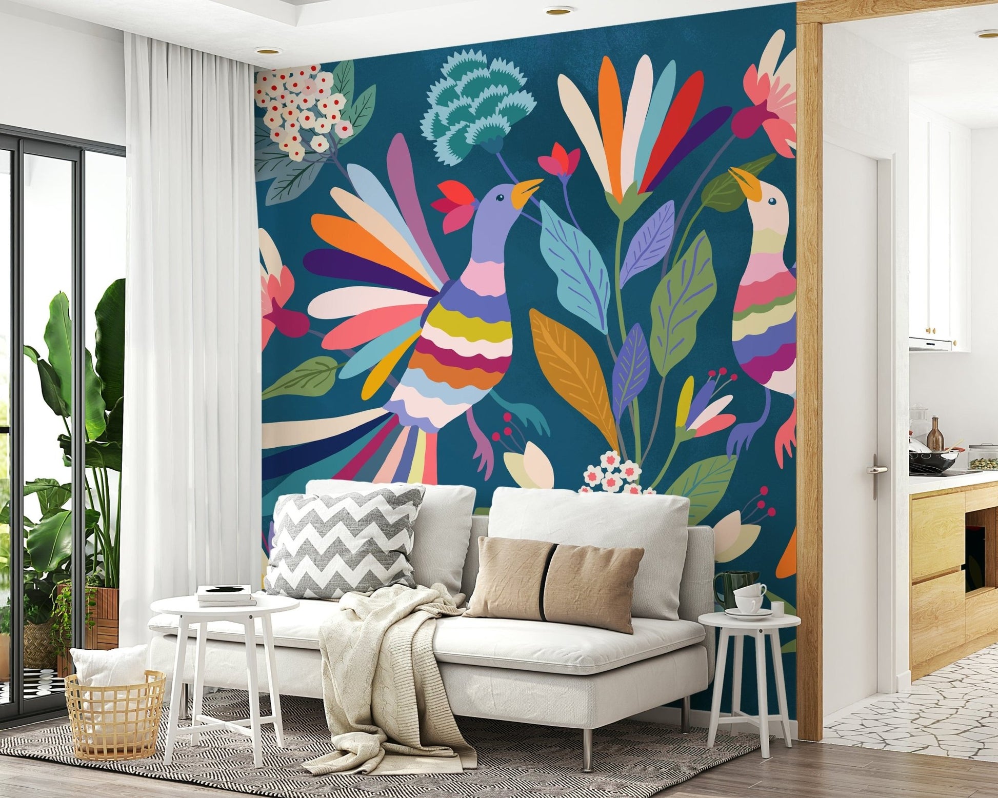 Love Birds mural on teal behind a white sofa with chevron cushion and side tables in a living room