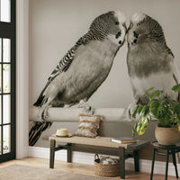 Vintage style Lovebirds on a Perch wall paper print showing sitting budgerigars.
