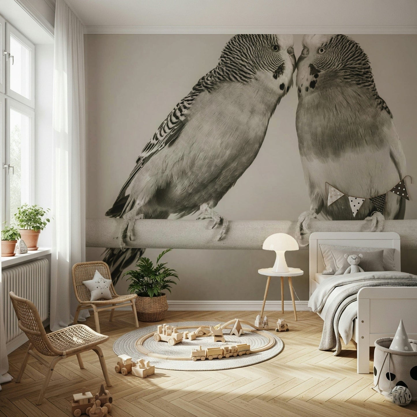 Cute Lovebirds on a Perch peel and stick mural displaying feathered friends bonding.