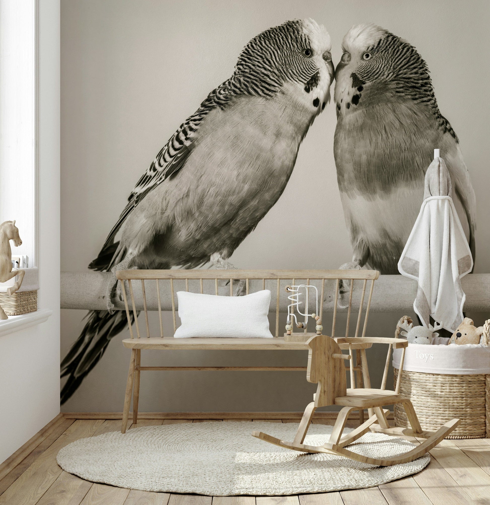Charming Lovebirds on a Perch wallpaper mural design with tender beak touch.