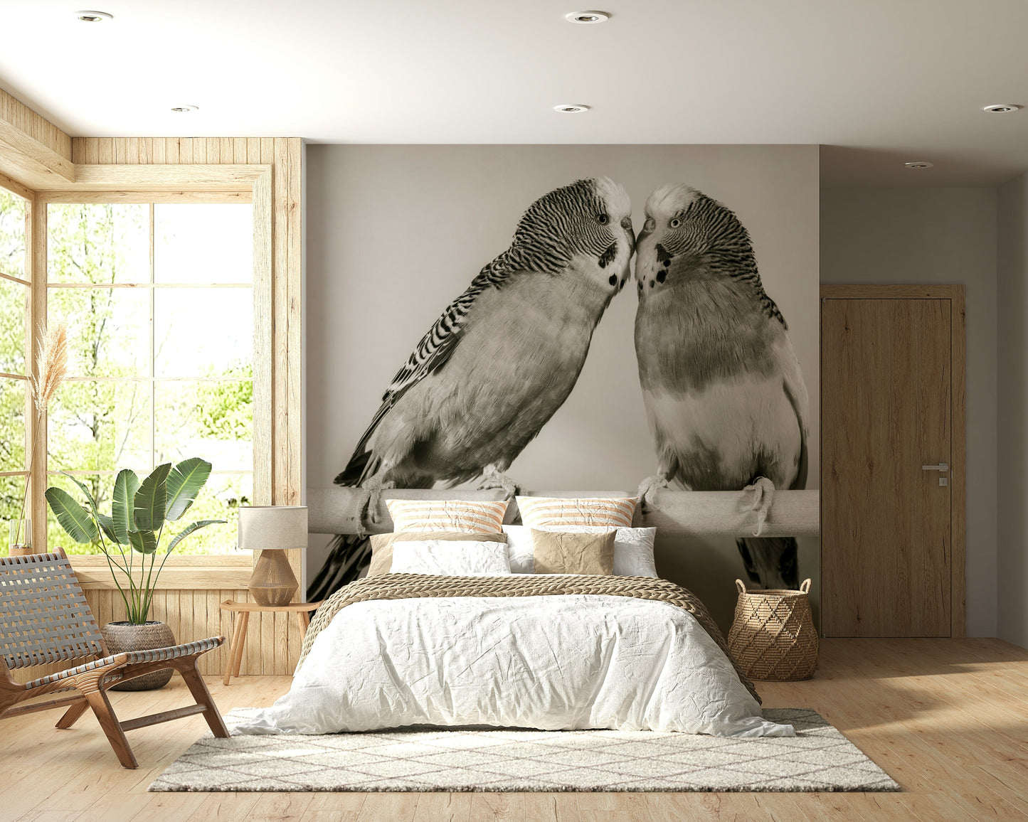 Artistic Lovebirds on a Perch wallpaper mural backdrop suitable for living room accent.