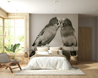 Artistic Lovebirds on a Perch wallpaper mural backdrop suitable for living room accent.