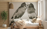 Wildlife Lovebirds on a Perch wall decal illustrating nuzzling parrot couple on wood.