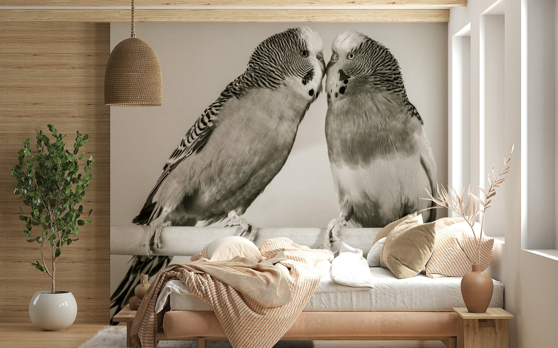 Sweet Lovebirds on a Perch wallpaper covering depicting intimate winged creature moment.