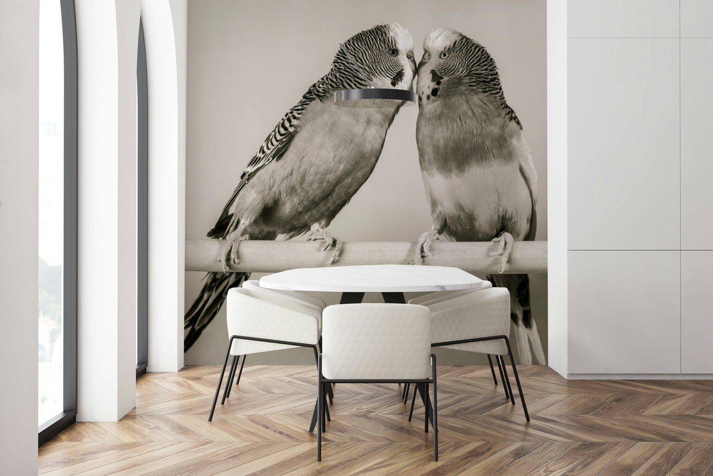 Monochrome Lovebirds on a Perch wall mural decor with striped budgie textures.