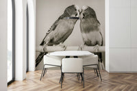Monochrome Lovebirds on a Perch wall mural decor with striped budgie textures.