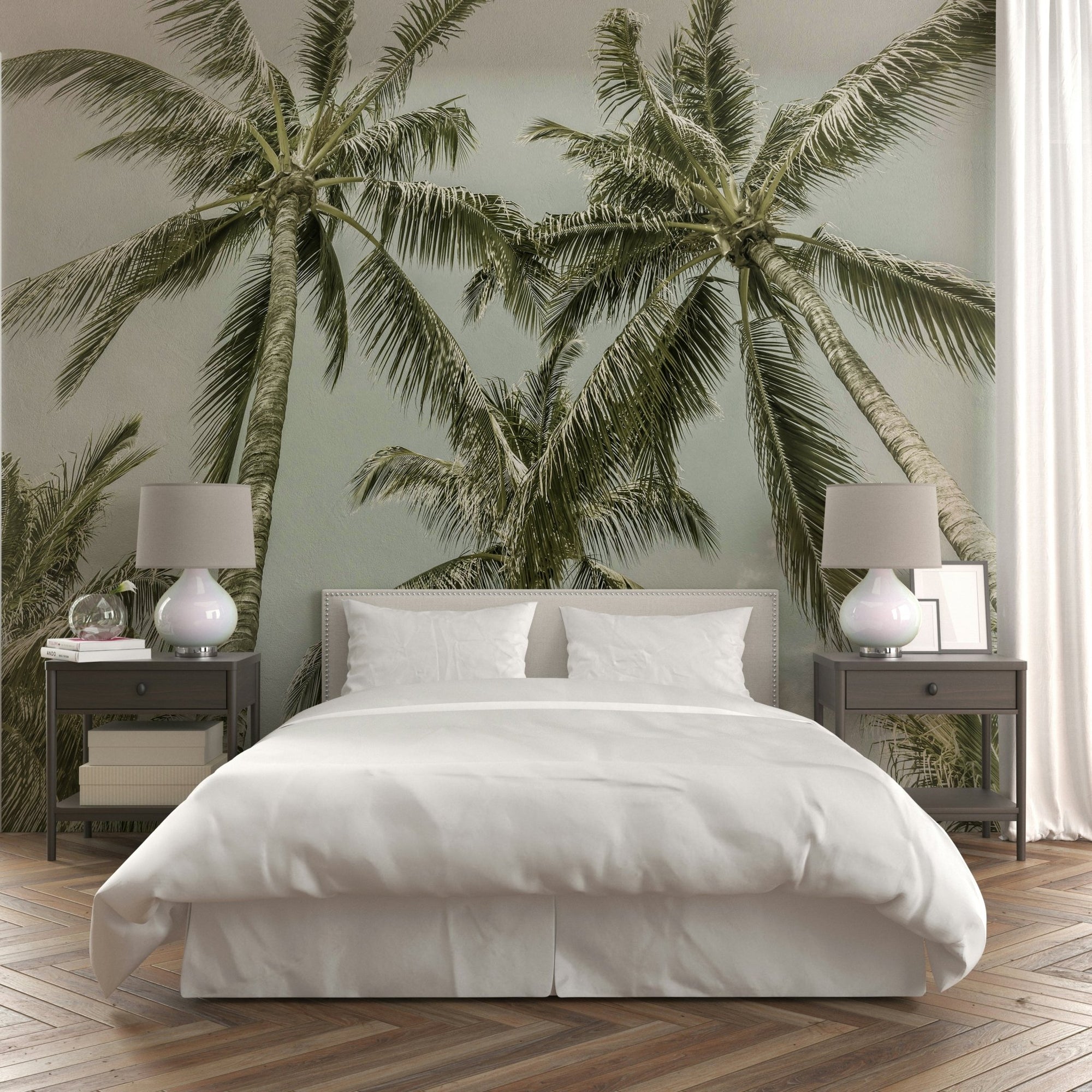 Lovely Palm Trees Vintage Wall Mural with soft coastal tones

