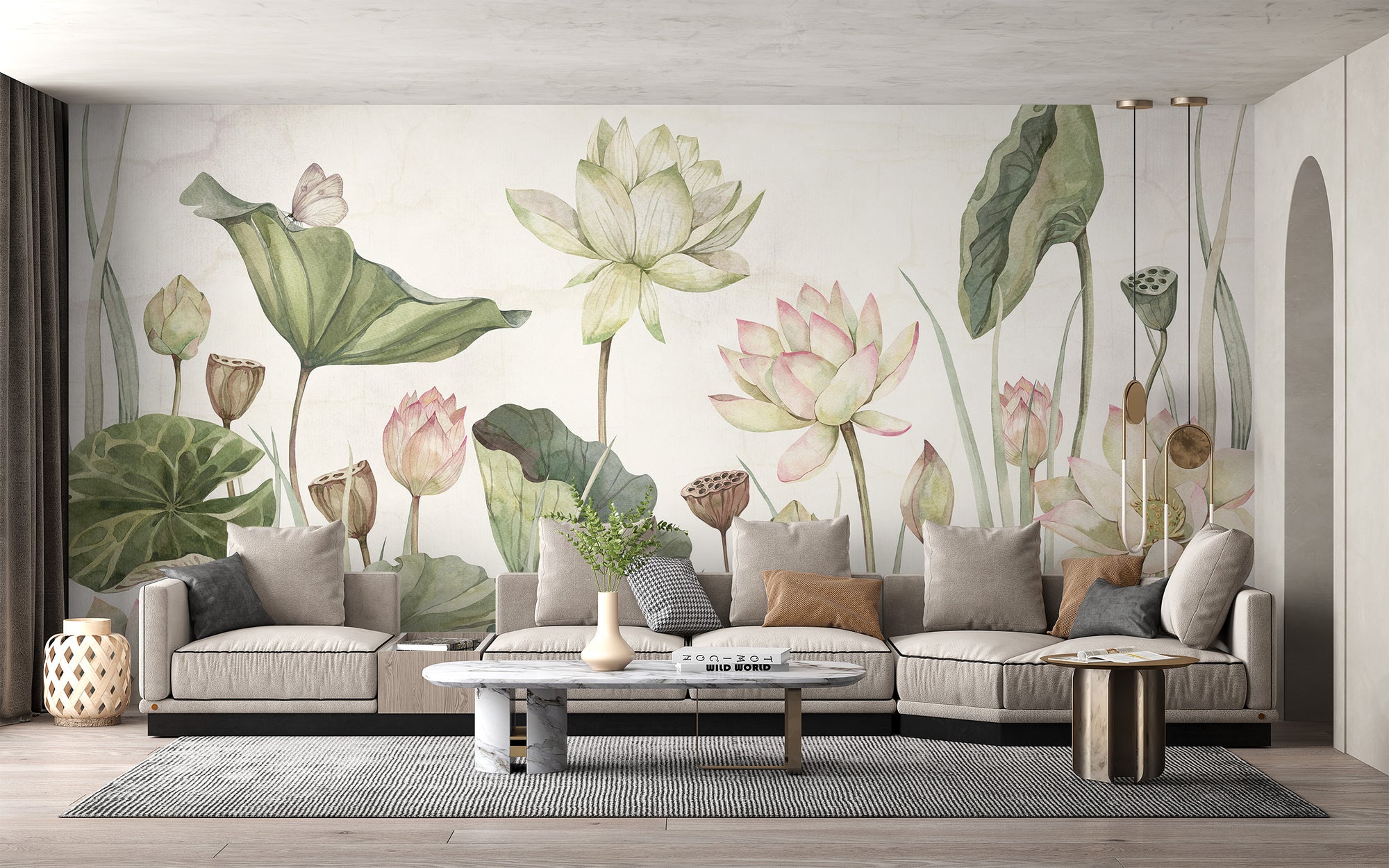 Lovely water lilies wallpaper mural in green and pink behind a beige sectional sofa in a bright living room