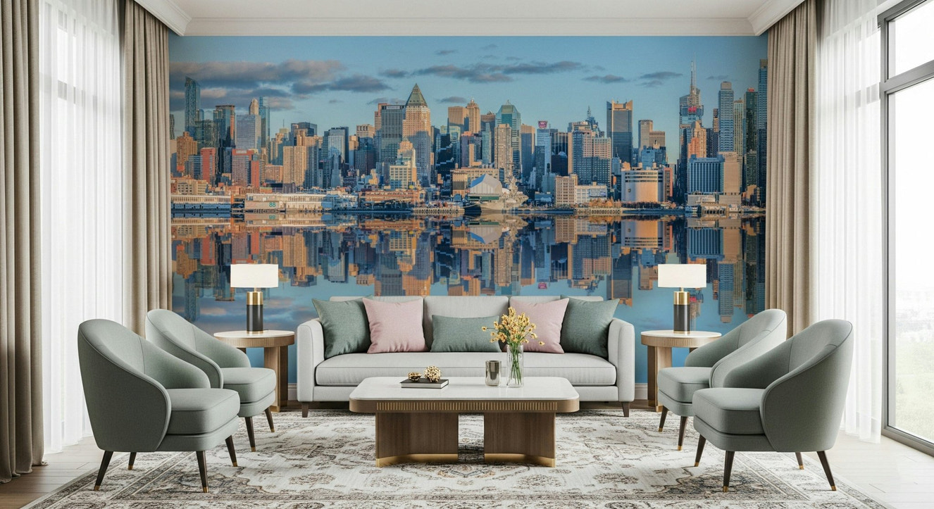 Cityscape panorama Lower Manhattan skyline wall mural mirror effect building pattern.