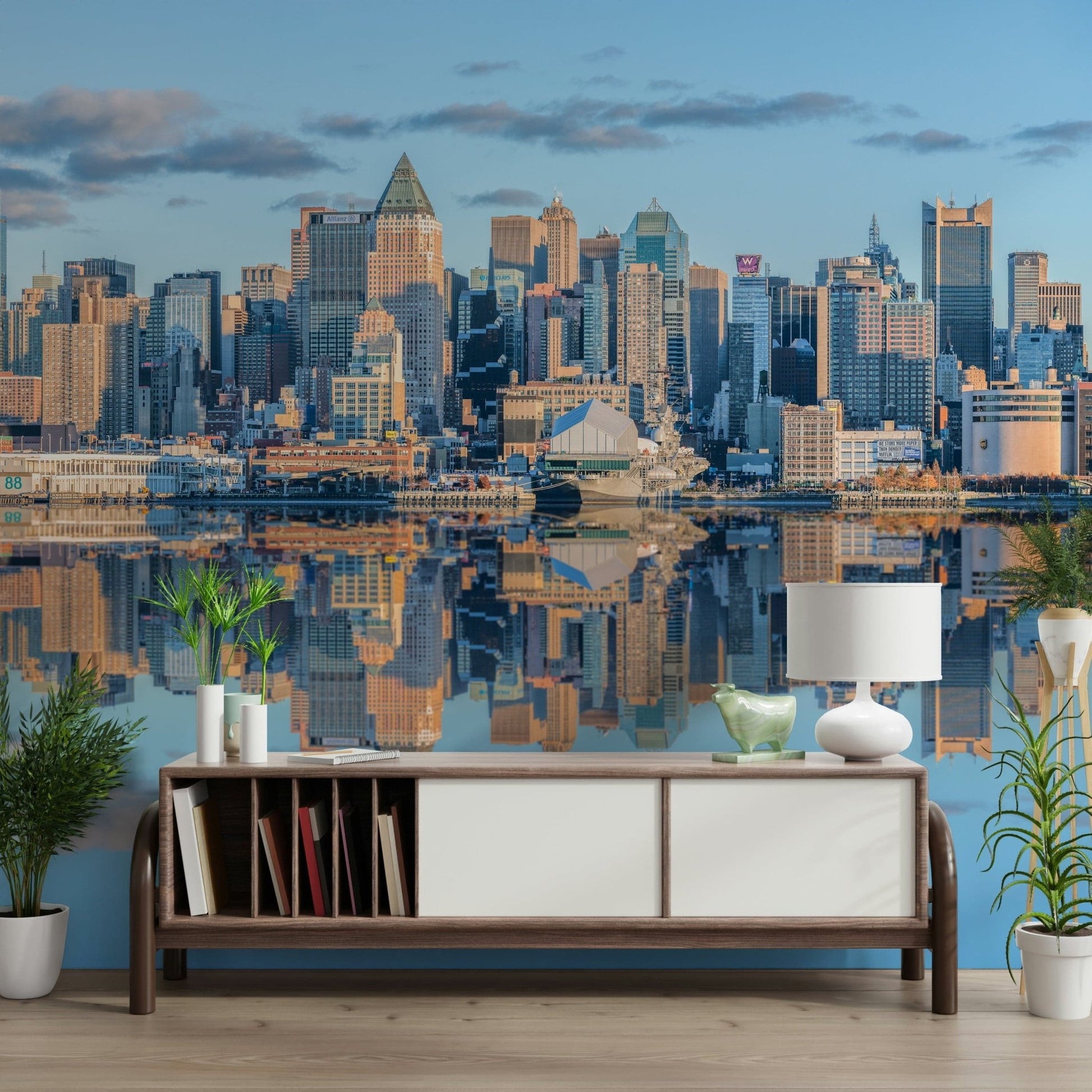 Lower Manhattan skyline wall mural reflection cityscape wallpaper for walls view.