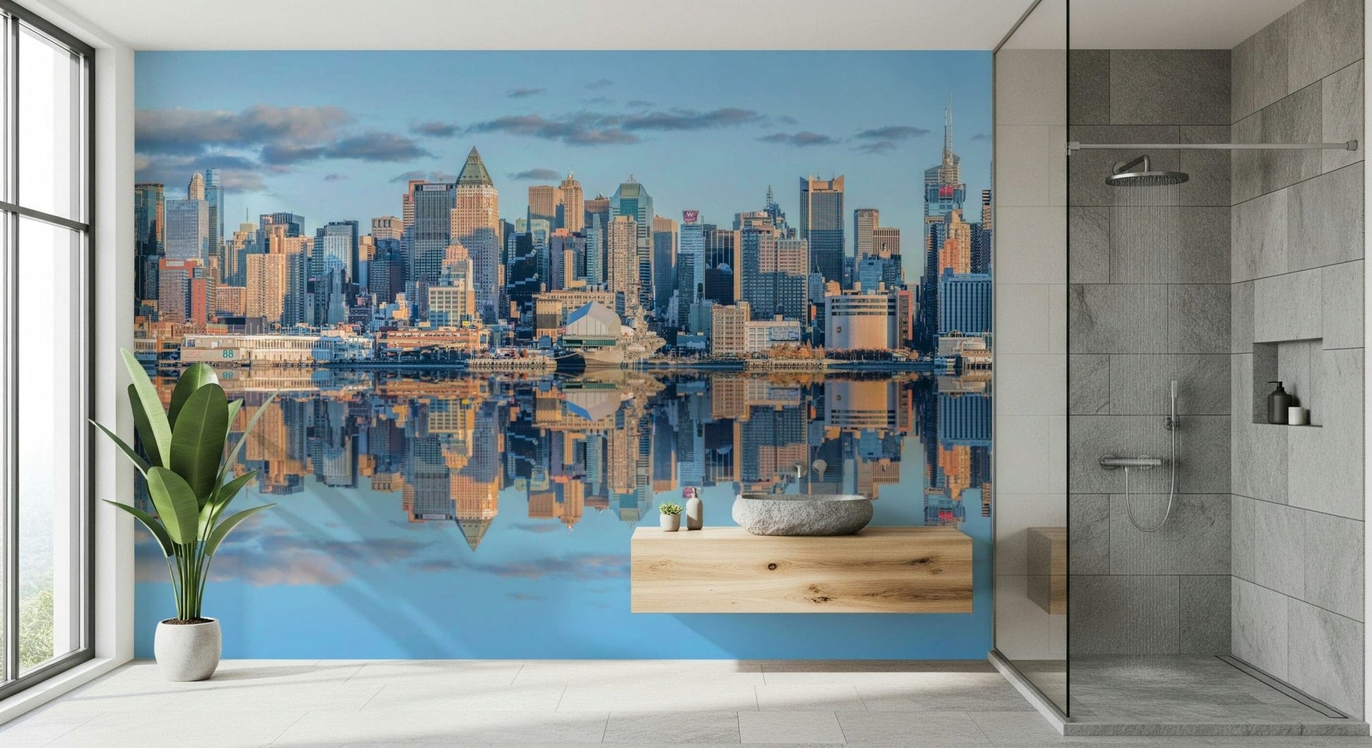 New York panorama Lower Manhattan skyline reflection wallpaper for walls office space.