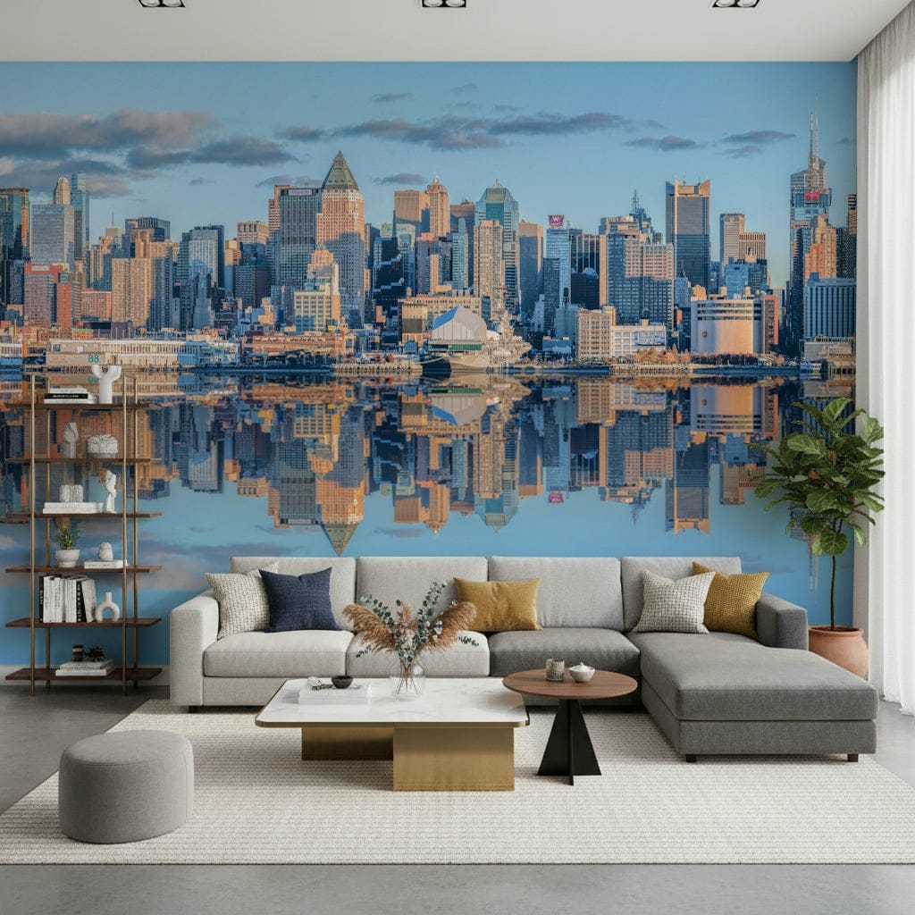 Modern city Lower Manhattan skyline wall mural sunrise light design.