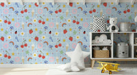 Childlike doodles on lovely Lucky Charm wallpaper for a bedroom.