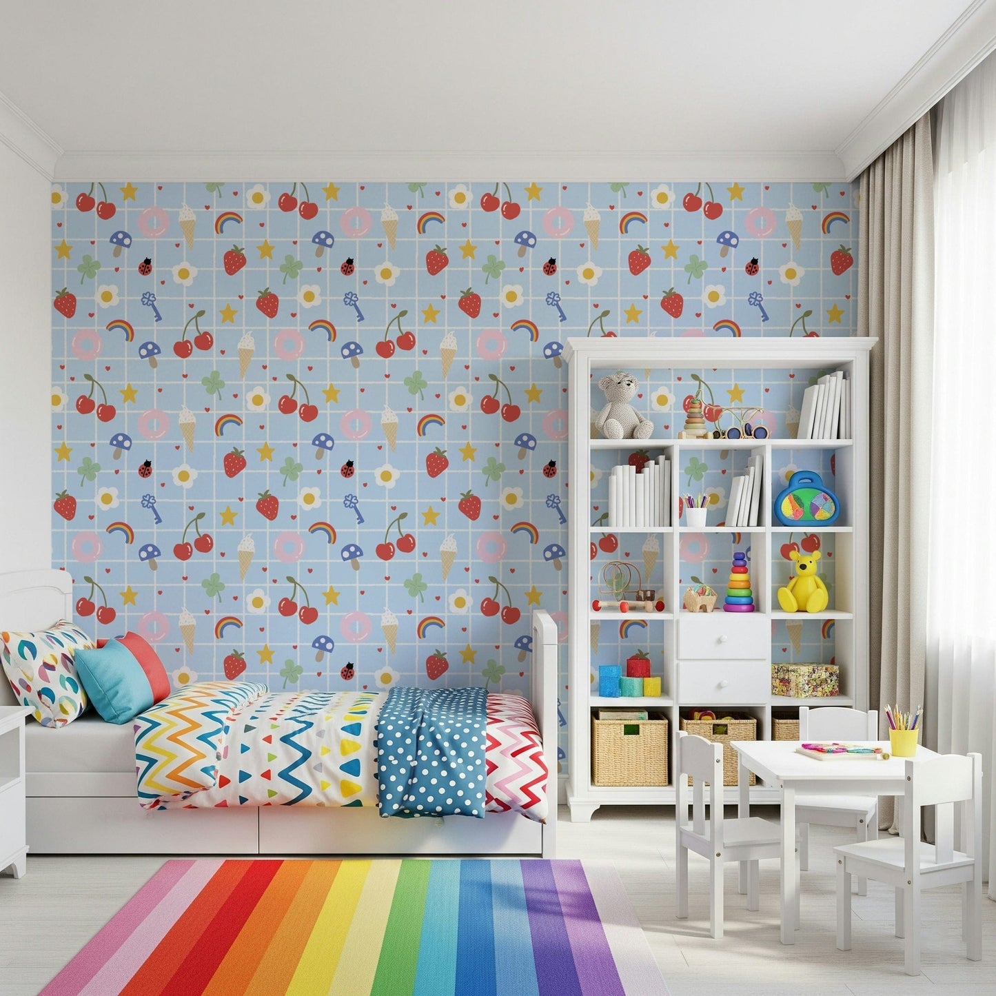 Dainty Lucky Charm removable wallpaper; clovers, flowers, bright blue grid.