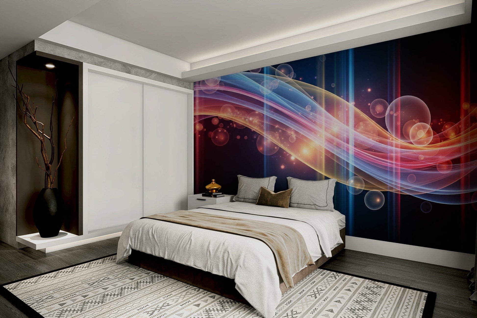 A home office with a peaceful wave mural

