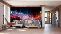 A bedroom decorated with a luminous wave mural


