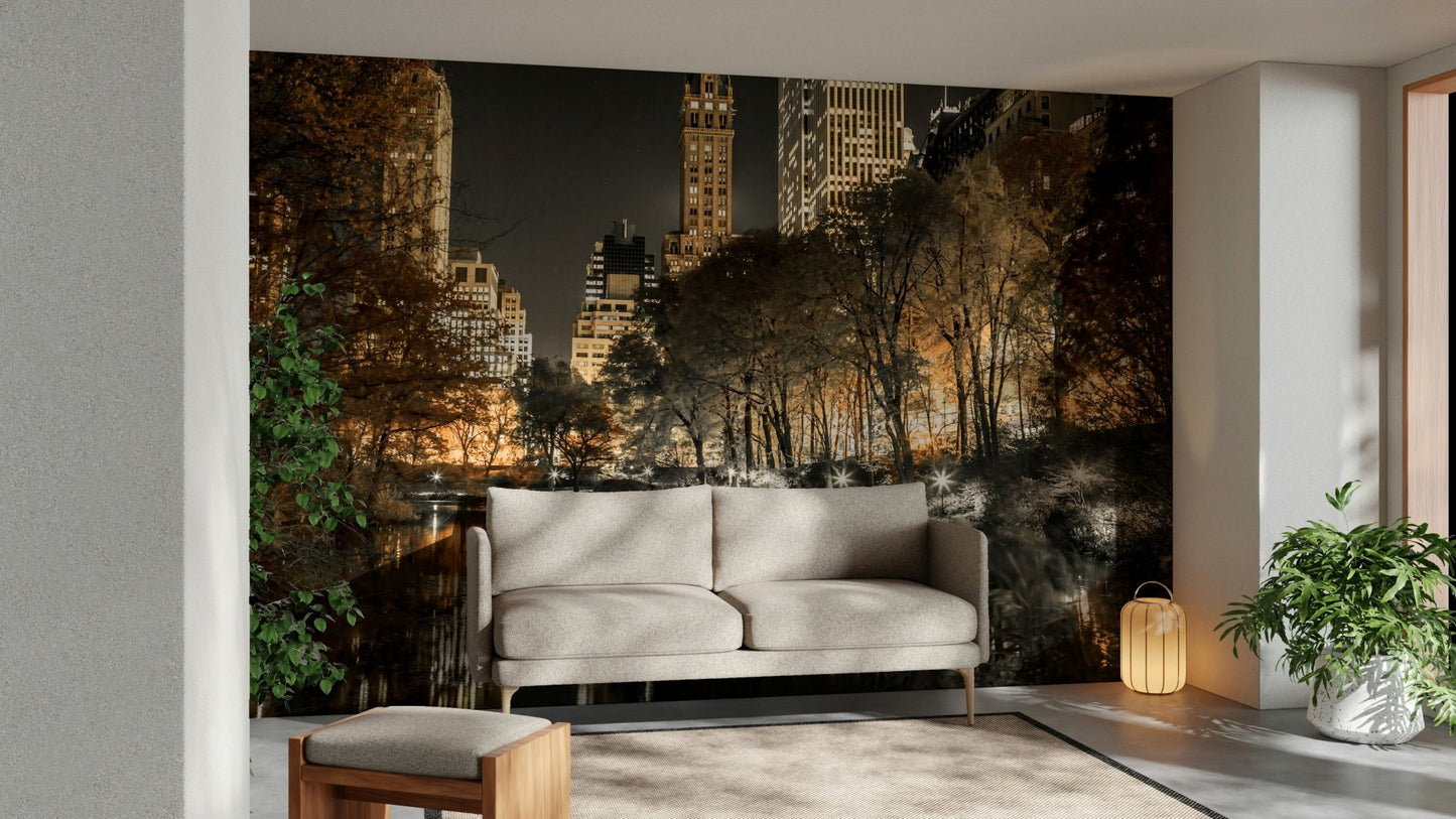 Nature and city elements blending beautifully in a wall mural

