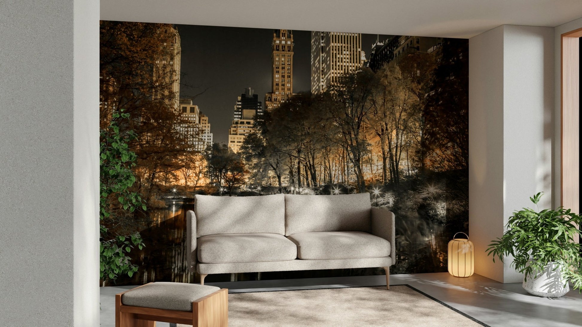 Nature and city elements blending beautifully in a wall mural

