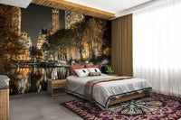 Soft city lights illuminating a tranquil park setting

